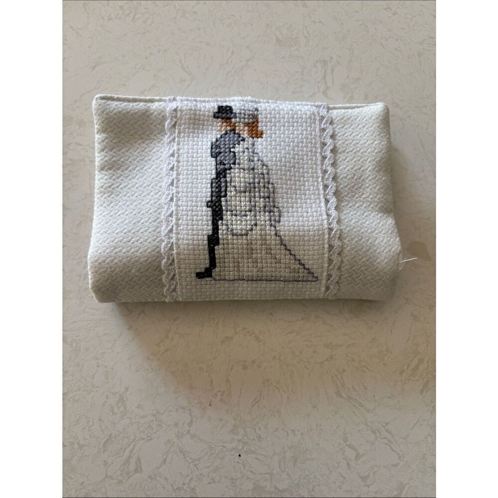 Handmade Cross-Stitch Bride & Groom travel sewing kit- antique/new - White